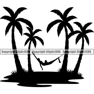 Palm Tree Summer Vacation Beach Nature Hamac Relax Relaxing Drink Surf Paradise Island Travel Logo SVG PNG Clipart Vector Cut Cutting File