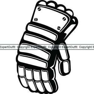 Può includere: Illustrazione in bianco e nero di un guanto da portiere di hockey. Il guanto ha un design spesso e imbottito con un cinturino attorno al polso.