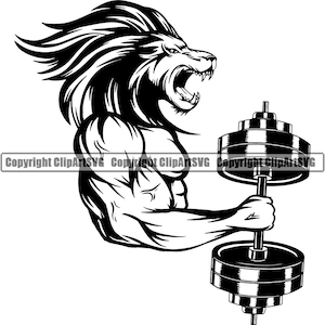 Può includere: Illustrazione in bianco e nero di un leone che solleva un bilanciere. Il leone ha un'espressione feroce e una criniera di capelli. Il bilanciere è composto da più dischi di peso.