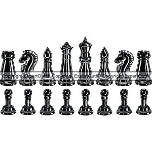 Pièces d'échecs #3 noir échiquier configuration jeu de société stratégie joueur Club compétition FIDE Master. SVG. PNG vecteur Clipart Cricut coupe coupe