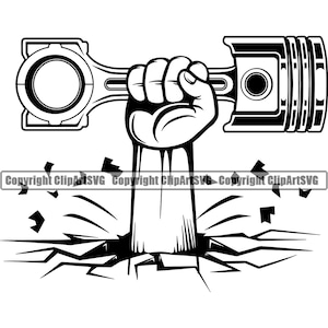 May include: A black and white illustration of a hand breaking through the ground, holding a piston connecting rod. The hand is clenched into a fist.