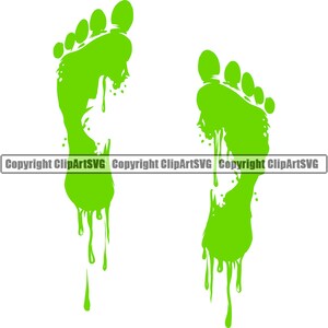 May include: Two green footprints with dripping paint. The footprints are outlined in black and have a dripping effect.