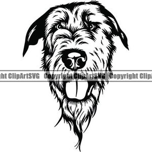 Könnte beinhalten: Schwarz-weiß-Linienzeichnung eines Irischen Wolfshundes. Der Hund schaut direkt auf den Betrachter, mit offenem Maul und herausgestreckter Zunge.