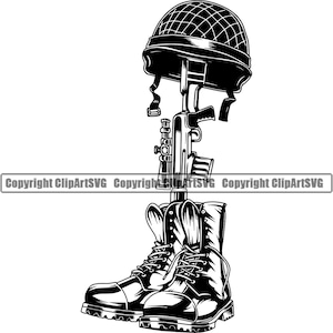 Botas militares Placas de identificación Soldado caído Veterinario Héroe de guerra Veterano de EE. UU. Botas de armas Casco P.O.W. M.I.A Arte Diseño Logo SVG PNG Vector Clipart Corte