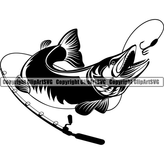 Pike Fishing Logo Fish Pole Fresh Water Lake River Ocean Deep Sea Bass  Sport Game Reel Rod Boat Northern SVG PNG Clipart Vector Cut Cutting -   Canada