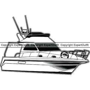 Op de afbeelding: Een zwart-witte lijntekening van een speedboot met een voorruit en een stuurwiel.