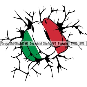 May include: A green, white, and red fist breaking through a cracked wall. The colors of the fist are the colors of the Italian flag.