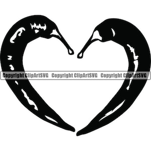 May include: Black and white silhouette of two chili peppers forming a heart shape.