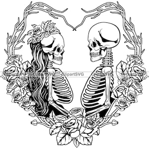 Crânio Casamento Esqueleto Marido Esposa Casal Amor Flor Feriado Romance Horror Gótico Quarta Casamento Coração Arte Logotipo Tatuagem Design SVG PNG Cut