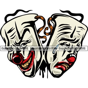 Happy Sad Masks Laugh Now Cry Later Clown Face Gangster Biker Thug Tattoo Theater Design Logo SVG PNG Vector Clipart Cut Cutting File