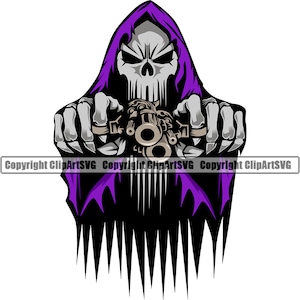 Sensenmann Schädel Skelett Knochen Twin Guns Pistole Kugel Tod Evil Killer Killer Gespenst Tattoo Hölle Art Logo SVG PNG Vektor Clipart Cut