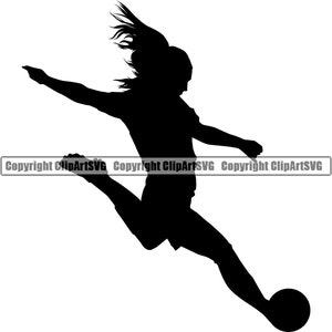 May include: Silhouette of a soccer player kicking a ball. The player is in mid-air with their leg extended and their foot about to make contact with the ball.