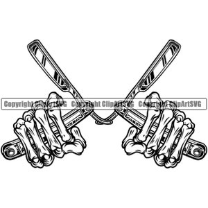 Skeleton Hand Straight Razor Clipper Barber Shop Barbershop Salon Haircut Hair Trim Cut Shave Groom Art Logo SVG PNG Vector Clipart Cut File