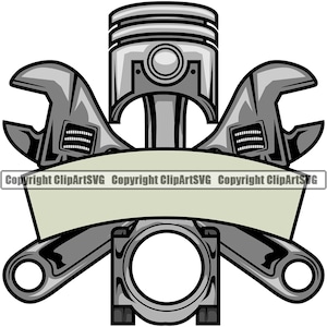 Könnte beinhalten: Eine Schwarzweißillustration einer Schraubenschlüssel, eines Kolbens und einer Pleuelstange. Das Bild ist von einem Banner mit dem Text "Copyright ClipArtSVG" umgeben.