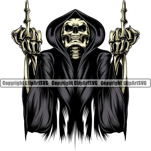 Sensenmann Schädel Skelett Grinsen grinsend Mittelfinger Tod Evil Kill Killer Gespenst Tattoo Hölle Art Logo SVG PNG Vektor Clipart Cut