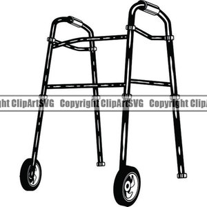 May include: A black metal walker with four wheels. The walker has a frame with two horizontal bars and two vertical bars. The walker has two wheels on each side.