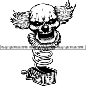 May include: Black and white illustration of a scary clown skull with a red nose, wearing a ruffled collar, popping out of a jack-in-the-box with a spring.