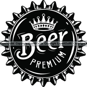 May include: A black and white beer bottle cap design. The cap features the word "Beer" in a stylized font, a crown, and the word "Premium". The cap has a jagged edge.