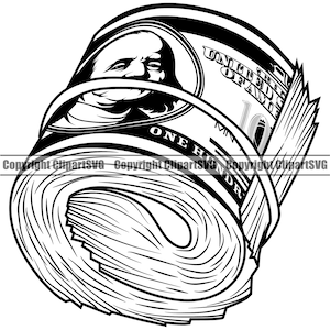 Money Rolled Up 100 Hundred Dollar Bill Rubber Band Stack Knot Cash Rich Gangster Hustle Hustler Art Design Logo SVG PNG Clipart Vector Cut