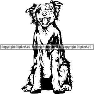 Könnte beinhalten: Schwarz-weiß-Illustration eines Border Collies, der mit herausgestreckter Zunge sitzt. Der Hund hat ein flauschiges Fell und schaut zur Seite.