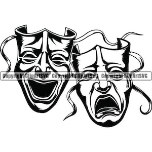 Máscaras tristes felices #1 Ríe ahora llora después Cara de payaso Gángster Motociclista Matón Tatuaje Ilustración Theatre.SVG .PNG Clipart Vector Cricut Corte Corte