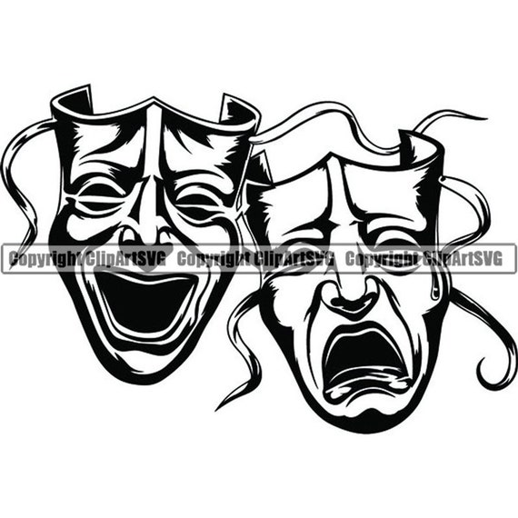 Happy Sad Masks #1 Laugh Now Cry Later Clown Face Gangster Biker Thug  Tattoo Illustration Theater.SVG .PNG Clipart Vector Cricut Cut Cutting