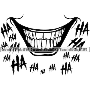 Könnte beinhalten: Schwarzweiß-Illustration eines breiten, zahnigen Grinsens mit dem Wort "HA", das mehrmals in einer gezackten Schrift um den Mund herum wiederholt wird.