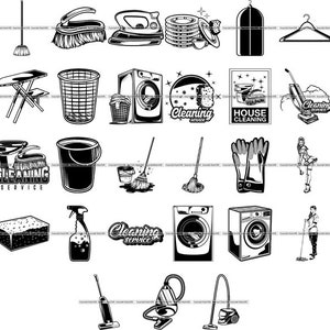 MEGA BUNDLE 27 House Cleaning Service Equipment Tools Iron Dishes Laundry Vacuum Bucket Mop Girl Work Art Logo .SVG .Png Vector Cut Cutting