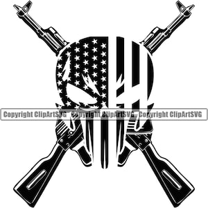 以下が含まれることがあります： アメリカの国旗のデザインが施された頭蓋骨の白黒のシルエット。頭蓋骨の後ろには、交差した2丁のライフルがある。