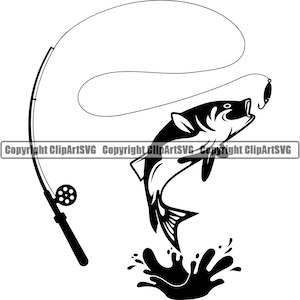 Bass Fishing Logo Fish Pole Fresh Salt Water Lake River Ocean Deep Sea Trout Sport Game Rod Reel Boat .SVG .PNG Clipart Vector Cut Cutting