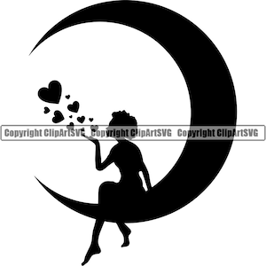 Frau Mädchen Blowing Hearts Liebe Sitzen Halbmond Halbmond Engel Weiblich Niedlich Kunst Kunstwerk Design Logo SVG PNG Vektor Clipart Schneiden Schneiden Datei