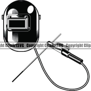 Puede incluir: Ilustración en blanco y negro de un casco de soldar y una antorcha de soldar. El casco tiene una visera transparente y la antorcha tiene un mango largo.