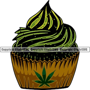 May include: A green and black cupcake with a marijuana leaf design on the side. The cupcake has a swirl of green frosting on top.