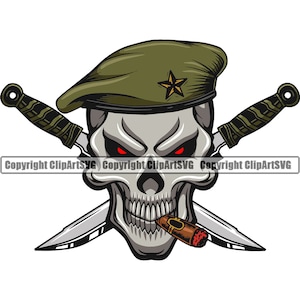 Green Beret Skull Bowie Knife Blade Hat Cap Military Soldier Vet War Hero War US Veteran Art Design Logo SVG PNG Vector Clipart Cut
