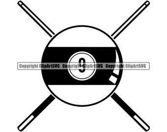 May include: Black and white illustration of a pool ball with the number 9 on it. Two crossed pool cues are behind the ball.