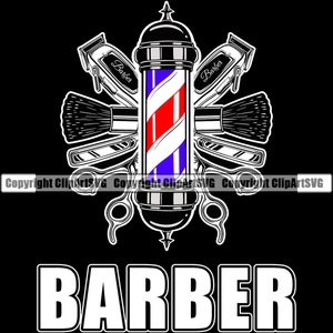 May include: A black and white illustration of a barber pole with red and blue stripes. The barber pole is surrounded by various barber tools, including scissors, razors, and a brush. The text "Barber" is written in white letters below the image.