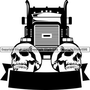 Trucking Truck Driver Skull Skeleton Ribbon Semi Big Rigg Tractor Trailer Delivery Shipping Cargo Design Element Logo SVG Clipart Vector Cut