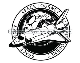 Op de afbeelding: Zwart-witte illustratie van een spaceshuttle die door de ruimte vliegt met een maan en sterren op de achtergrond. De shuttle wordt omringd door een cirkel met de tekst "Space Journey" eromheen.