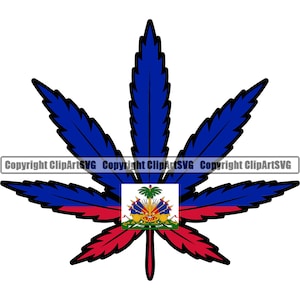 May include: A marijuana leaf with the flag of Haiti in the center. The leaf is blue, red, and green. The flag is blue, red, and white with the Haitian coat of arms in the center.