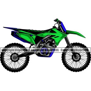 May include: A green and blue dirt bike with black wheels. The bike has a black seat and a black exhaust pipe.
