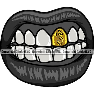 Gold Tooth Dollar Sign Money Drip Cash Mouth Gangster Thug Mask Grill Art Sexy Lips Design Element Logo SVG PNG Clipart Cricut Vector Cut