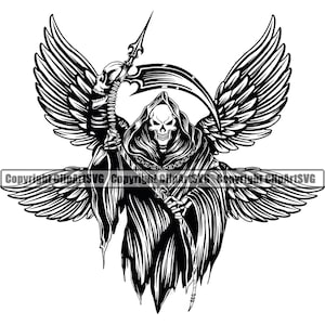 Sensenmann Skelett Killer Schädel Sichel Klinge Engel Tod Evil Kill Grim Scary Geist Tattoo Hölle Art Design Logo SVG PNG Vektor Clipart Cut