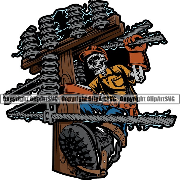 Power Line Electrician Skeleton Skull Technician Electric Wire Work Worker Industry Job Repair Fix Company Logo PNG SVG Clipart Vector Cut