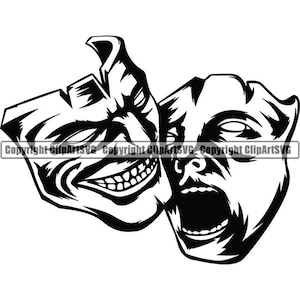 Happy Sad Masks #16 Laugh Now Cry Later Clown Face Gangster Biker Thug Tattoo Illustration Theater.SVG.PNG Clipart Vector Cricut Cut Cutting