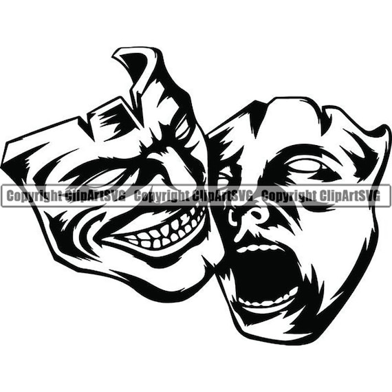 Happy Sad Masks #16 Laugh Now Cry Later Clown Face Gangster Biker Thug  Tattoo Illustration Theater.SVG.PNG Clipart Vector Cricut Cut Cutting
