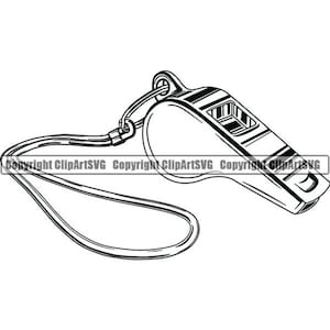 May include: A black and white illustration of a whistle with a lanyard. The whistle has a ribbed design and a small hole on the side.