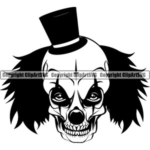 Palhaço Malvado Circo Assustador Crânio Morte Matar Tatuagem Medo Rosto Assustado Cabeça Horror Halloween Logo SVG PNG Clipart Vetor Cricut Corte Corte