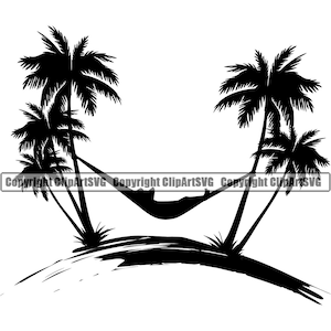 May include: Silhouette of two palm trees with a hammock hanging between them. A person is relaxing in the hammock.