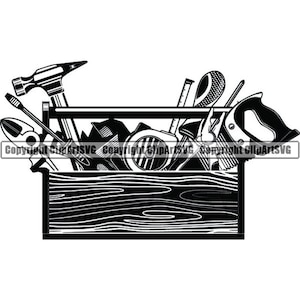 Pode incluir: Uma ilustração em preto e branco de uma caixa de ferramentas cheia de ferramentas, incluindo um martelo, uma serra, alicates, uma fita métrica e um nível. A caixa de ferramentas é feita de madeira e tem um padrão de grão de madeira.