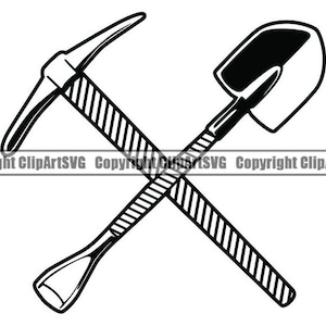 May include: Black and white illustration of a pickaxe and shovel crossed over each other.